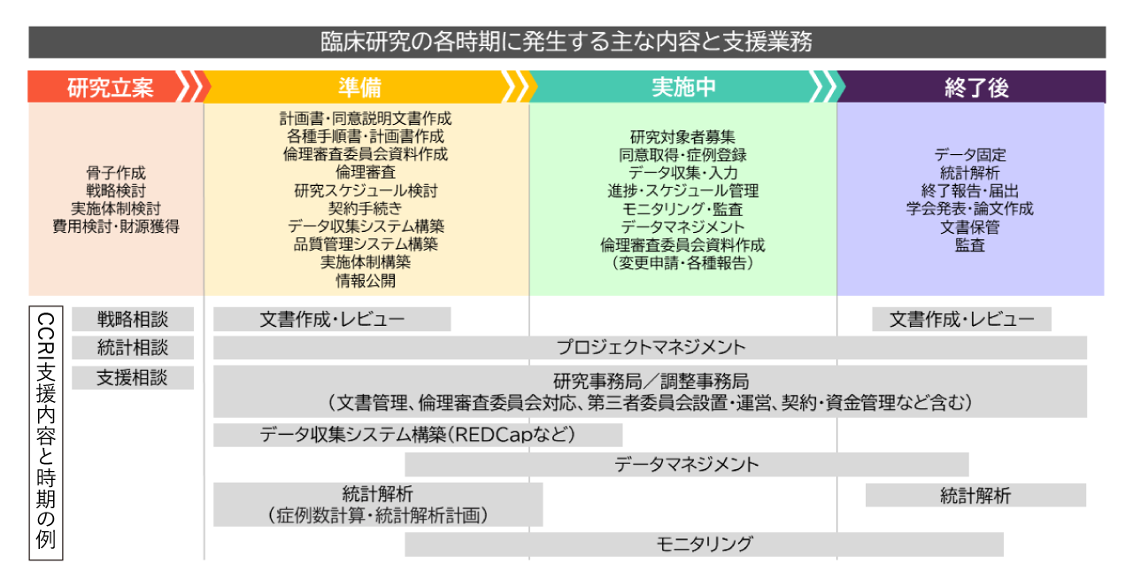 臨床研究の各時期に発生する主な内容と支援業務